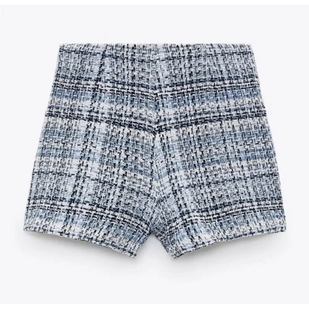 ZARA Textured Tweed Shorts Skort High Waist Blue White Buttons